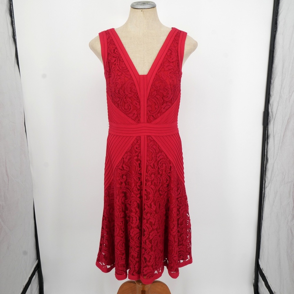 Tadashi Shoji Lace Pintuck Dress Womens 6 Red V-Neck Cocktail ACZ1694MX